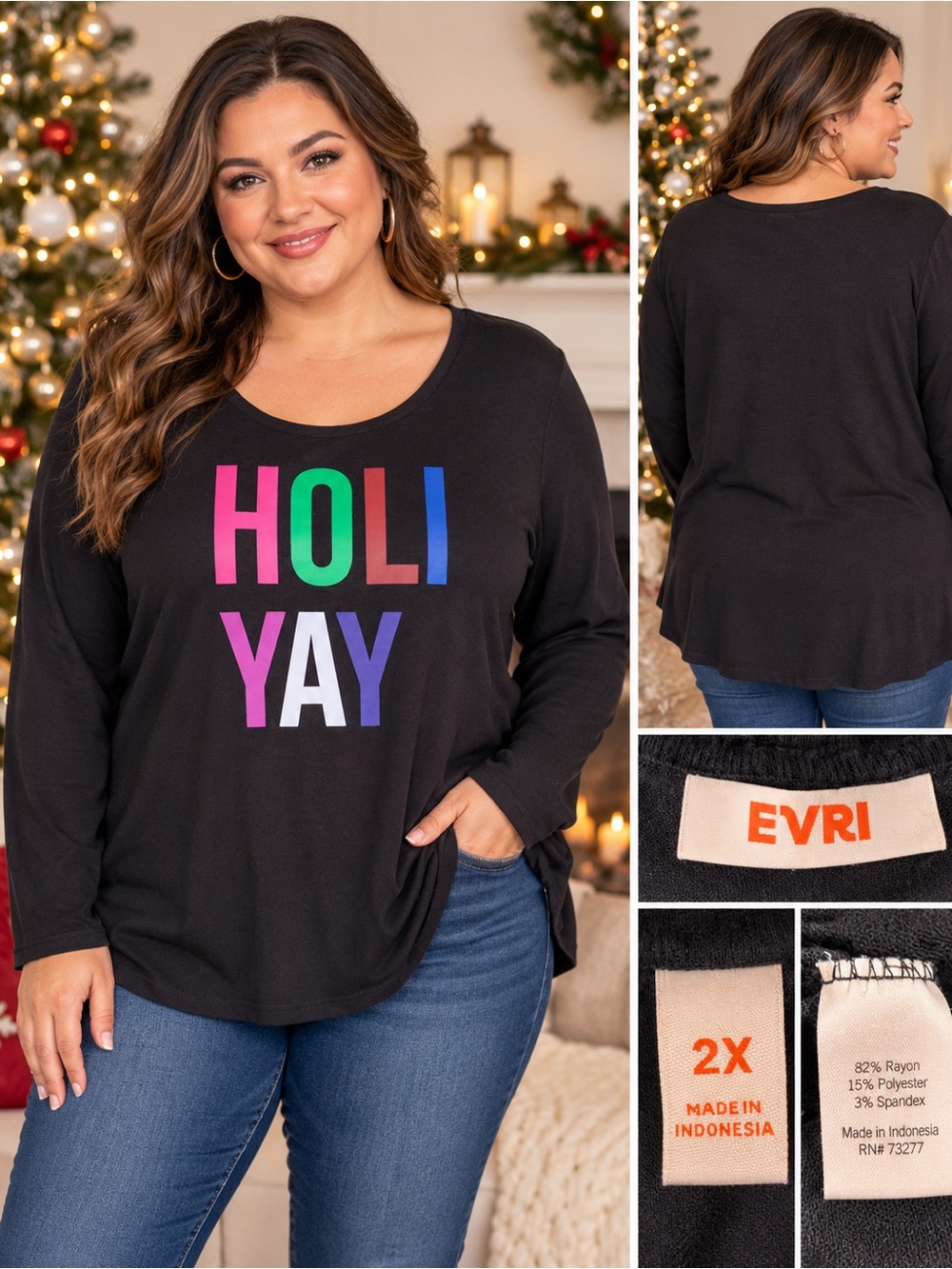 EVRI Black Long-Sleeve Tee with Multicolor "HOLI YAY" Graphic Size 2X Christmas